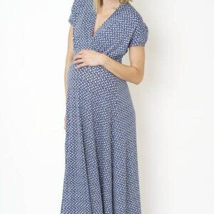 Nom Maternity L Blue White Geometric Faux Wrap Maxi Dress